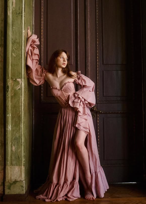 Sweety Pink A Line Long Sleeve Appliques Chiffon Slit Prom Dress Evening Dress SH6689