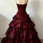 Vintage Simple Ball Gown Strapless Burgundy Layered Satin Long Prom Dress Party Dress SH5537