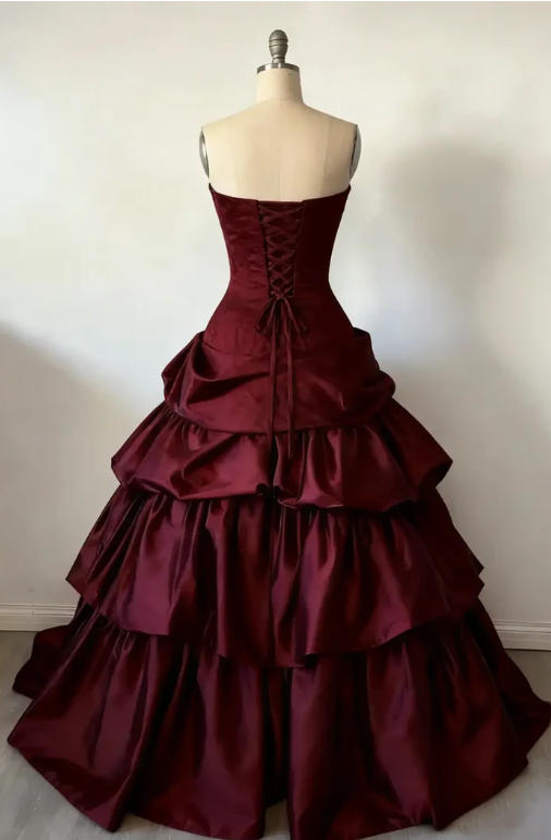 Vintage Simple Ball Gown Strapless Burgundy Layered Satin Long Prom Dress Party Dress SH5537