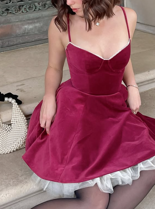 Burgundy A Line Spaghetti Strap Simple Velvet Short Homecoming Dress Outfits SH4863