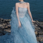 Gorgeous A Line Strapless Beaded Blue Tulle Long Party Dress Evening Dress SH2812