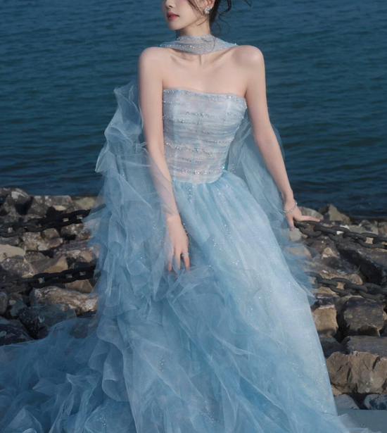 A-line Strapless Tulle Tiered Short Dress Slate Blue