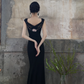 Vintage Black Mermaid Embroidery Satin Prom Dress Evening Dress Date Dress SH5600