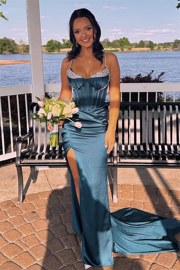 Ink-blue Sweetheart Beaded Mermaid Slit Long Evening Dress Prom Dress SH980