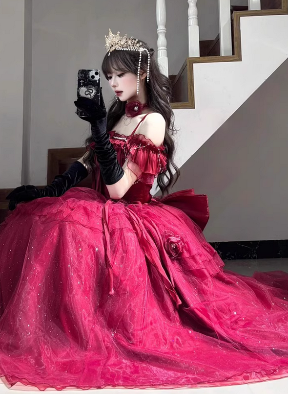 Burgundy Ball Gown Straps Pearls Sequin Tulle Prom Dress 16th Birthday Dress SH4913