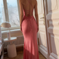 Gentle Coral Pink Mermaid Spaghetti Strap Satin Long Prom Dress Formal Gown SH4100