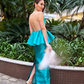 Elegant Sheath Spaghetti Strap Blue Satin Open Back Prom Dress Evening Dress SH2061