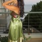 Sexy A Line V Neck Beaded Green Satin Open Back Long Party Dress Evening Dress SH2830
