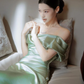 Elegant Mermaid Off the Shoulder Green Satin Long Prom Dress SH5205