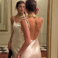 Simple White A Line Spaghetti Strap Satin Open Back Prom Dress Wedding Guest Dress SH4446