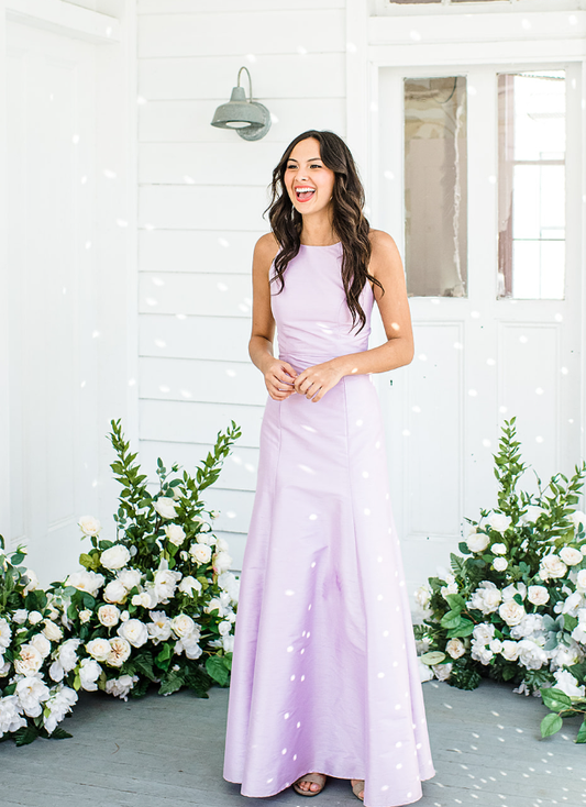 Elegant Lilac A Line Round Neck Satin Long Bridesmaid Dress Prom Dress SH6313