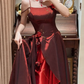 Stunning Burgundy A Line Straps Floral Beaded Ruffle Satin Prom Dress SH5652