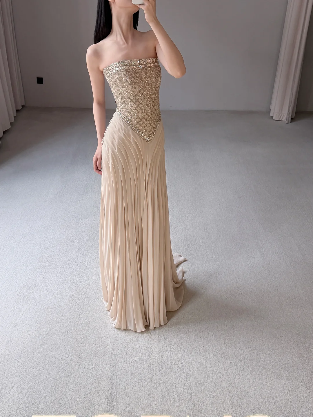 Gentle A Line Strapless Exquisite Beaded Nude Chiffon Prom Dress Evening Dress SH7717