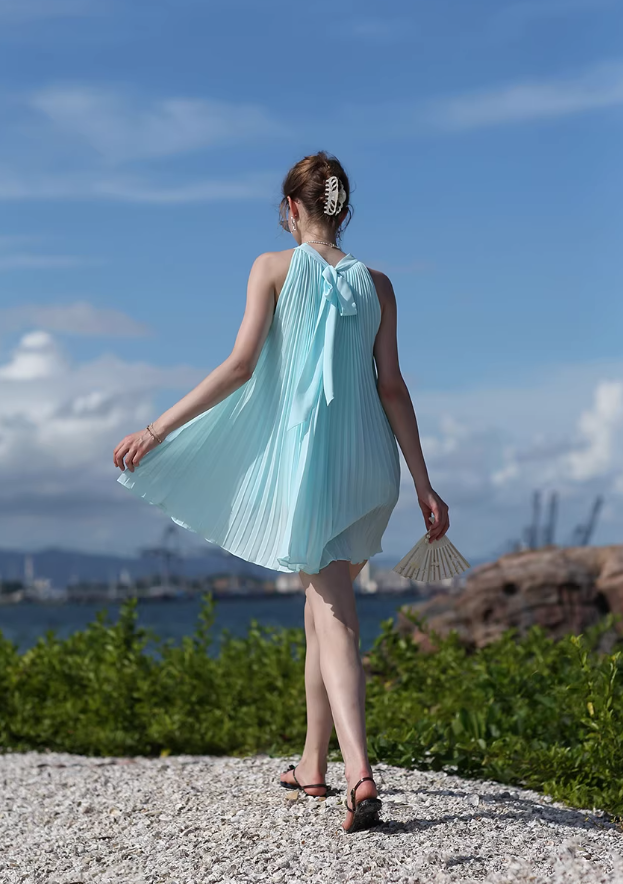 Blue A Line Halter Pleated Chiffon Short Homecoming Dress Vacation Dress Outfits SH3993