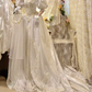 Glamorous Retro Ball Gown Puff Sleeve Beaded Satin Wedding Dress Prom Dress SH5885