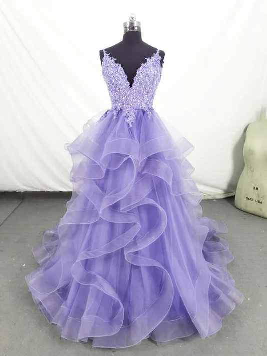 Lilac Tull Lace Applique Ball Gown Straps Long Prom Dress Elegant Evening Dress SH1144