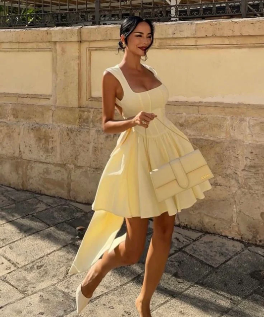 Cute Yellow A Line Straps Satin Open Back Short Homecoming Dress Outfits SH5544