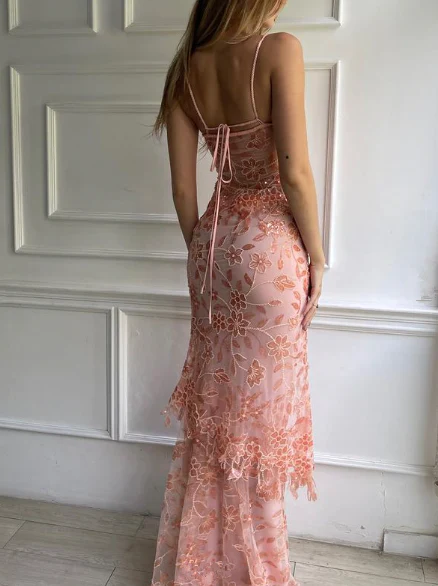 Pink Spaghetti Straps Lace Beading Gorgeous Mermaid Evening Dress SH1203