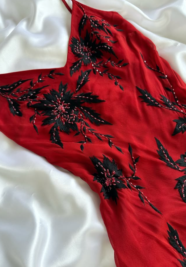 Vintage Sexy A Line Black Beaded Ruffle Red Chiffon Long Party Dress Prom Dress SH5469