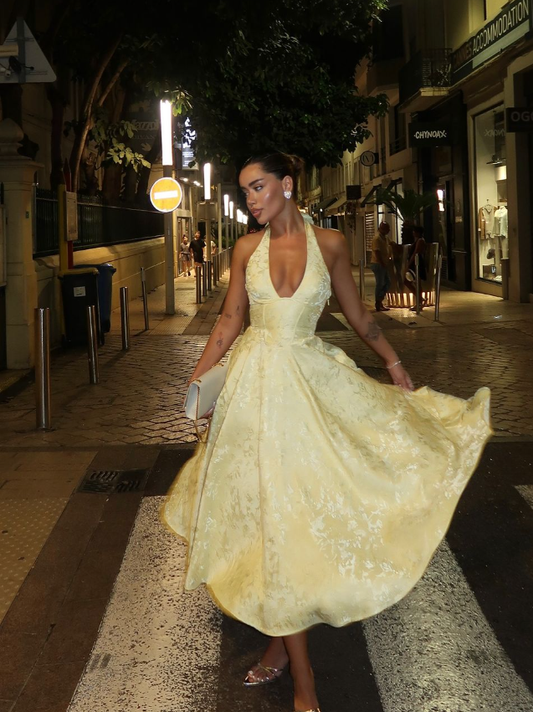 Yellow A Line Halter Satin Open Back Prom Dress Party Dress SH4012