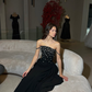 Sexy A Line Straps Exquisite Floral Beaded Black Chiffon Prom Dress Party Dress SH5338