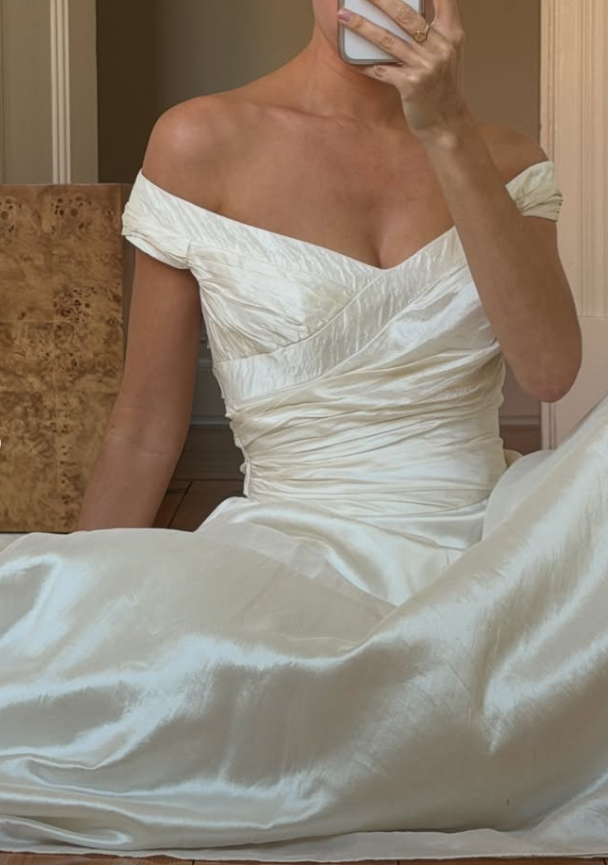 Vintage A Line Off the Shoulder Ivory Pleated Satin Wedding Dress SH8473
