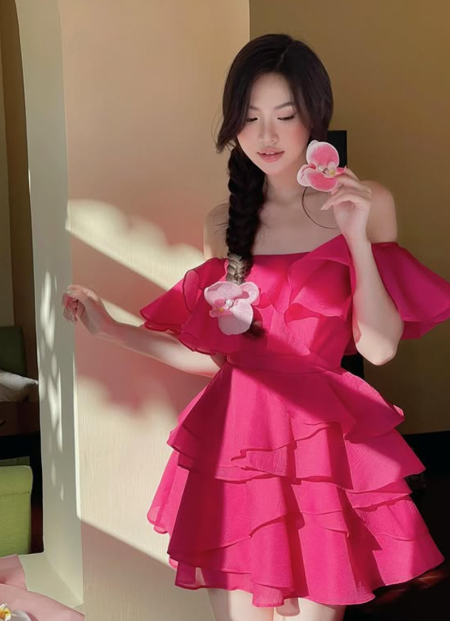 Hot Pink A Line Off the Shoulder Layered Chiffon Satin Short Homecoming Dress Outfits SH6227