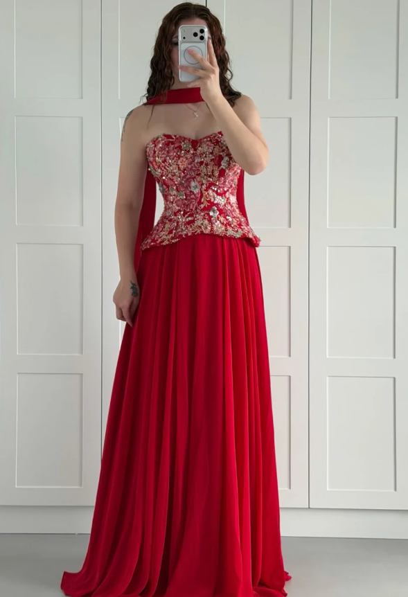Red A Line Strapless Exquisite Embroidery Chiffon Long Prom Dress Evening Dress SH7292