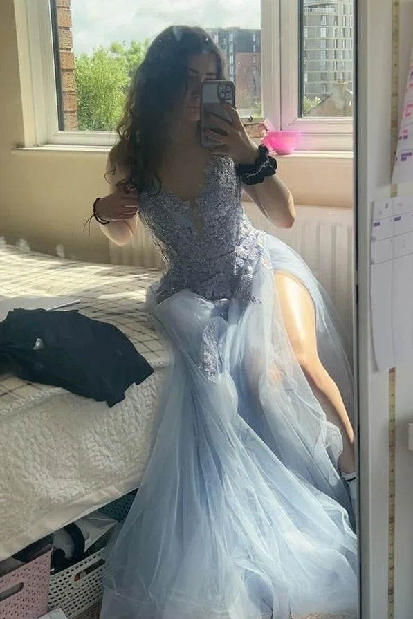 Beautiful A Line Spaghetti Straps Light Blue Long Prom Dress with Appliques SH7769