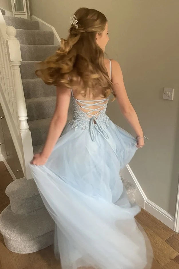 Beautiful A Line Spaghetti Straps Light Blue Long Prom Dress with Appliques SH7769