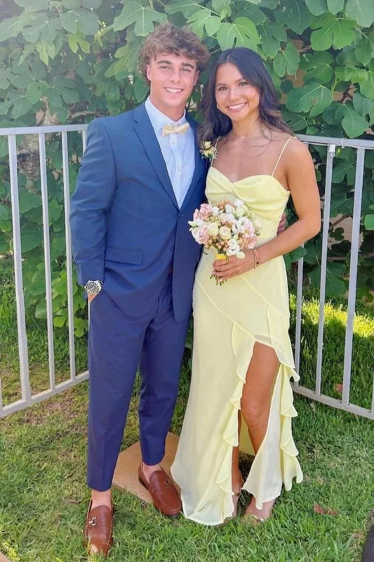 Pretty Mermaid Spaghetti Straps Yellow Long Prom Dress with Ruffles SH8147