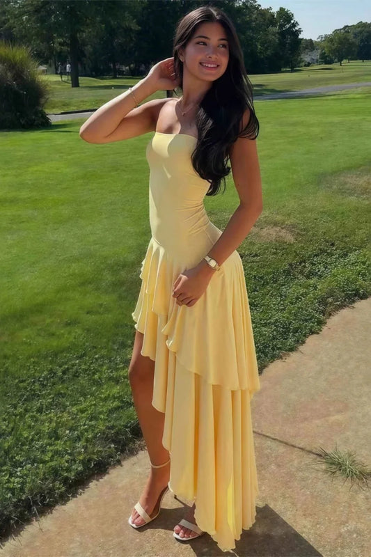 Beautiful A Line Strapless Yellow Long Prom Dress with Ruffles SH8154