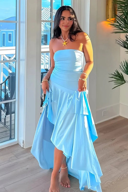 Beautiful A Line Strapless Blue Long Prom Dress with Ruffles SH8153