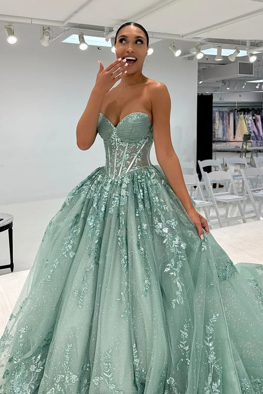 Beautiful A Line Sweetheart Green Corset Prom Dress with Appliques SH8176