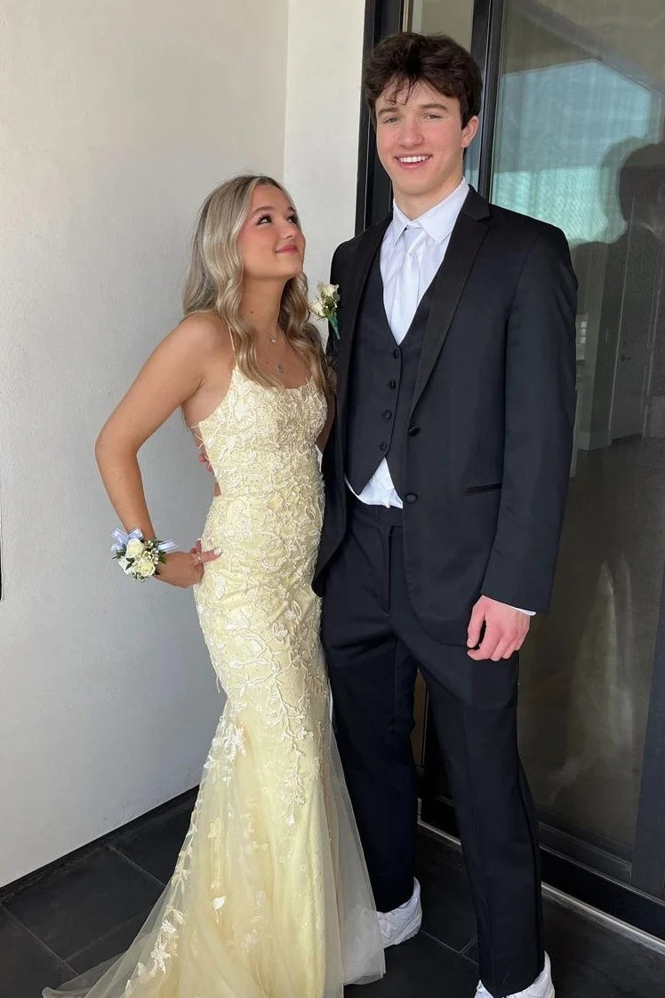 Beautiful Mermaid Spaghetti Straps Light Yellow Long Prom Dress with Appliques SH8104