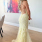 Beautiful Mermaid Spaghetti Straps Light Yellow Long Prom Dress with Appliques SH8104