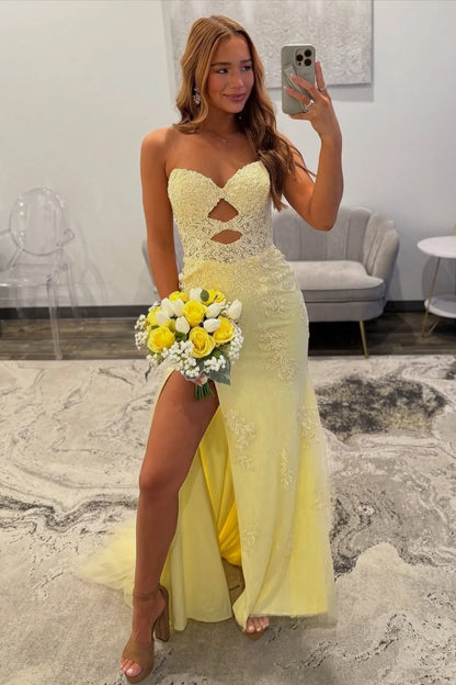 Beautiful Mermaid Sweetheart Yellow Lace Long Prom Dress with Keyhole SH7791