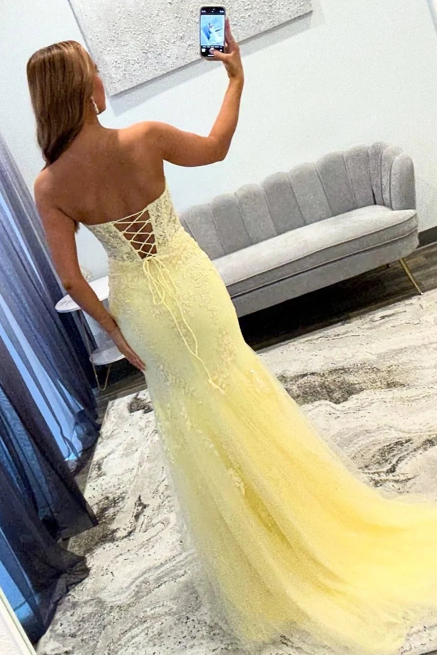 Beautiful Mermaid Sweetheart Yellow Lace Long Prom Dress with Keyhole SH7791