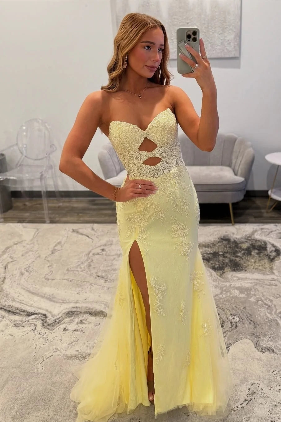Beautiful Mermaid Sweetheart Yellow Lace Long Prom Dress with Keyhole SH7791