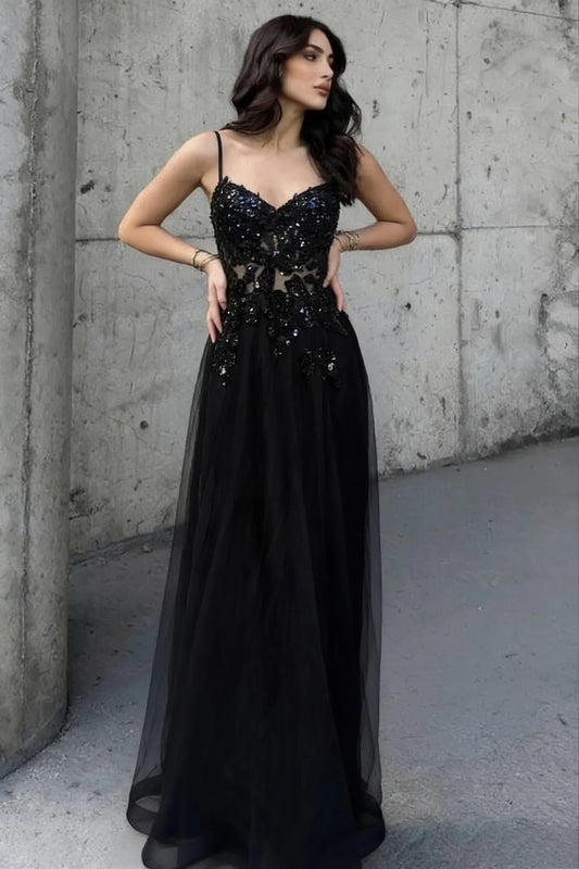 Charming A Line Spaghetti Straps Black Beaded Prom Dress with Sheer Bodice SH8090