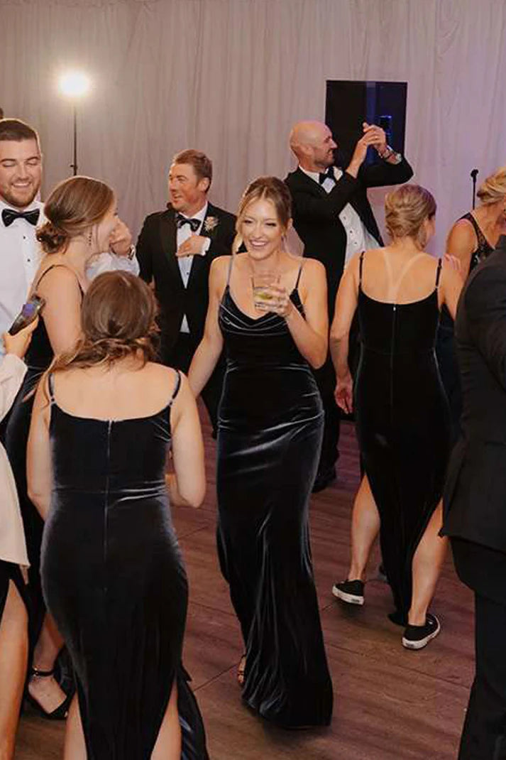 Black Velvet Pleating Crowl Neck Sheath With Silt Long Bridesmaid Dresses SH5573
