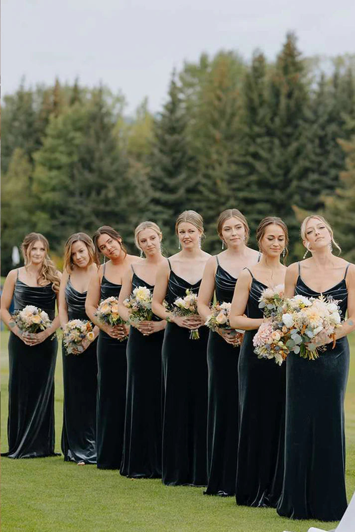 Black Velvet Pleating Crowl Neck Sheath With Silt Long Bridesmaid Dresses SH5573