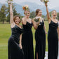 Black Velvet Pleating Crowl Neck Sheath With Silt Long Bridesmaid Dresses SH5573