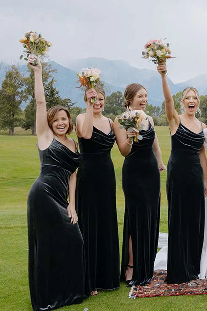 Black Velvet Pleating Crowl Neck Sheath With Silt Long Bridesmaid Dresses SH5573