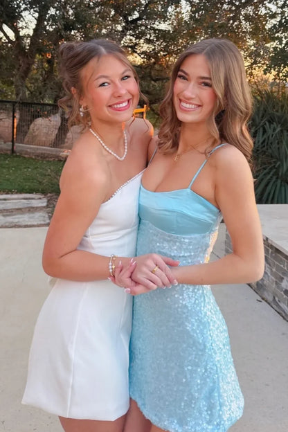 Bling A Line Spaghetti Straps Blue Sequins Short Homecoming Dress SH7809