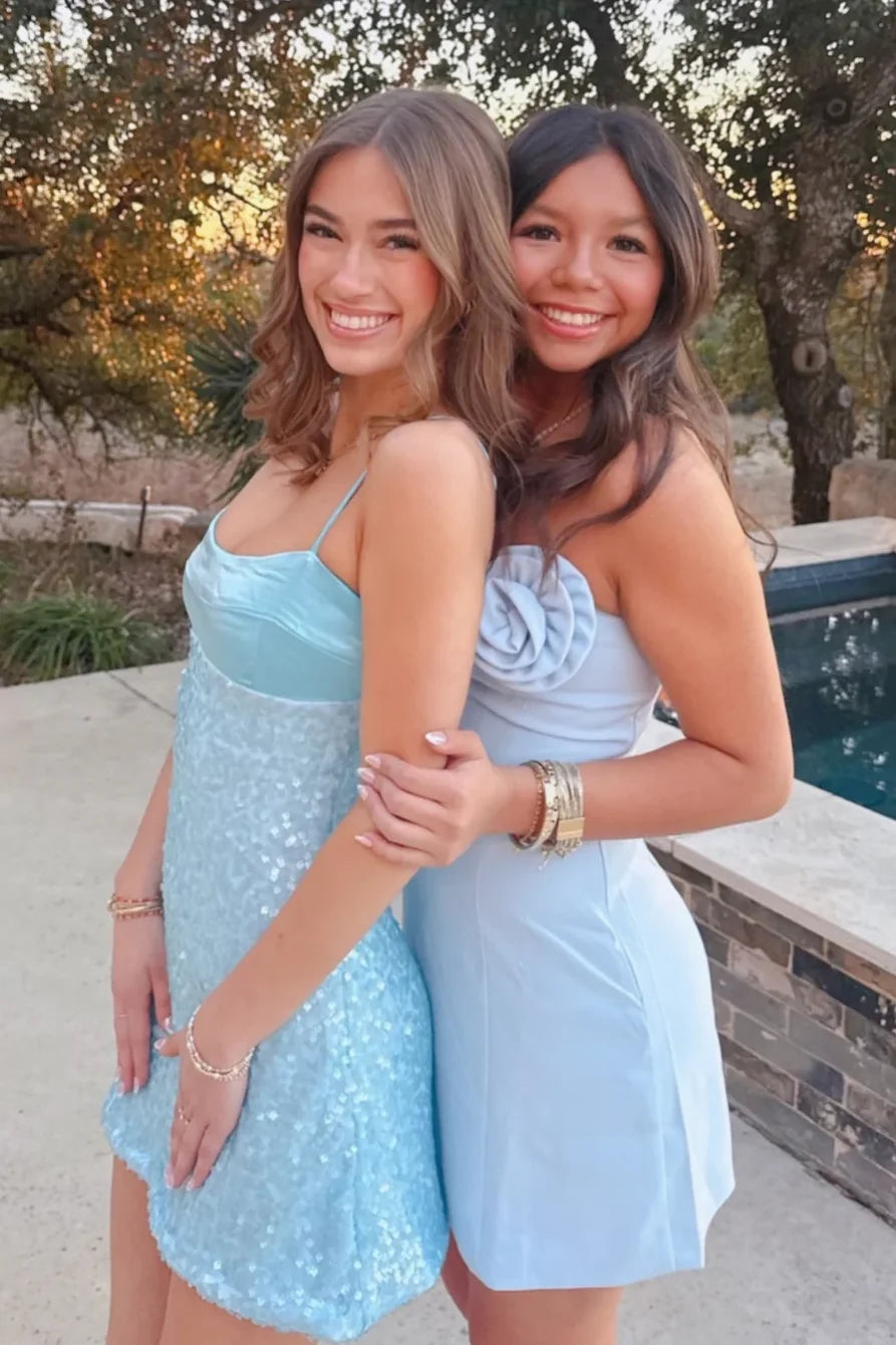 Bling A Line Spaghetti Straps Blue Sequins Short Homecoming Dress SH7809