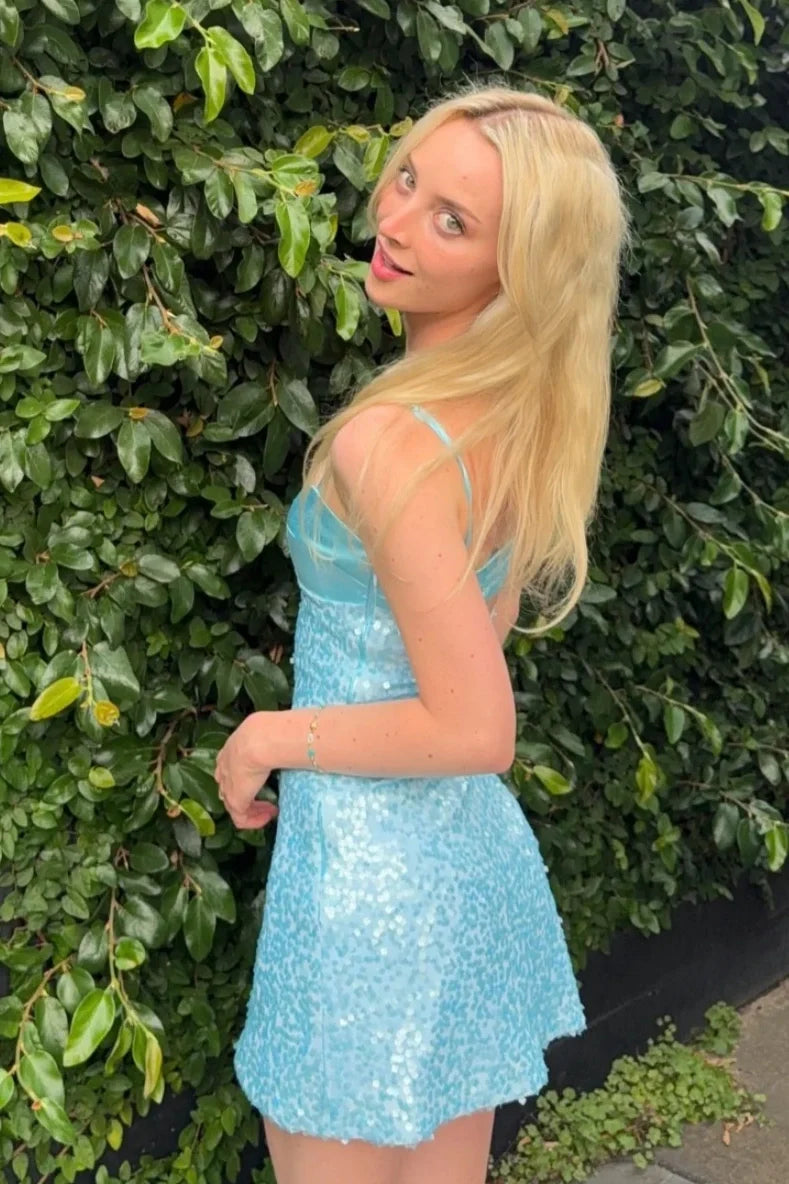 Bling A Line Spaghetti Straps Blue Sequins Short Homecoming Dress SH7809