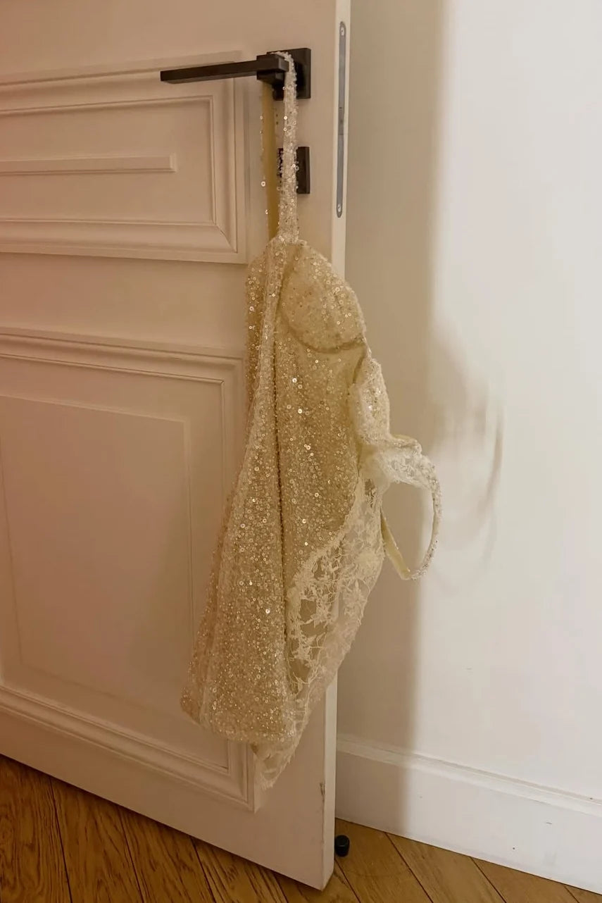 Bling Sheath Spaghetti Straps Ivory Sequins Short Homecoming Dress with Lace SH7813