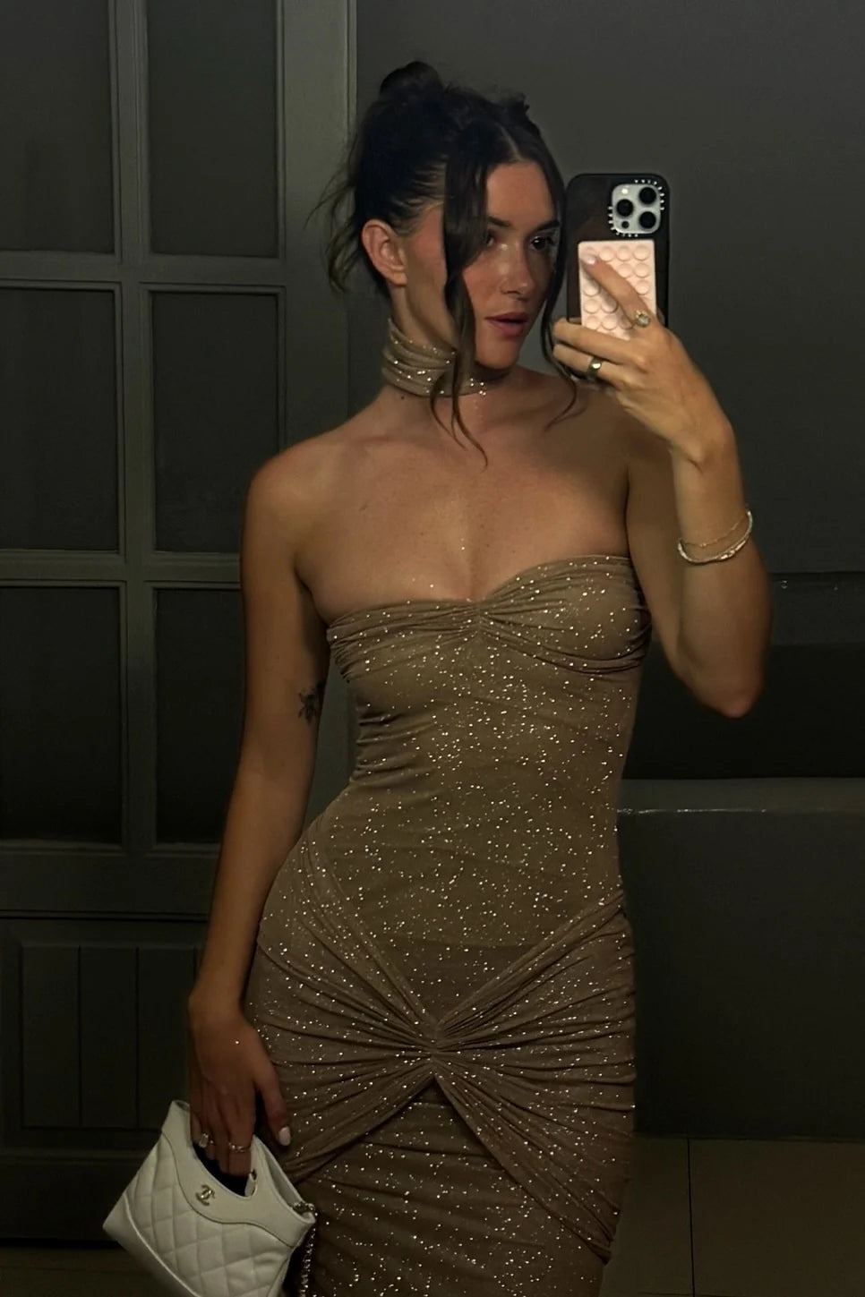 Bling Sheath Strapless Champagne Sequins Long Prom Dress SH8303