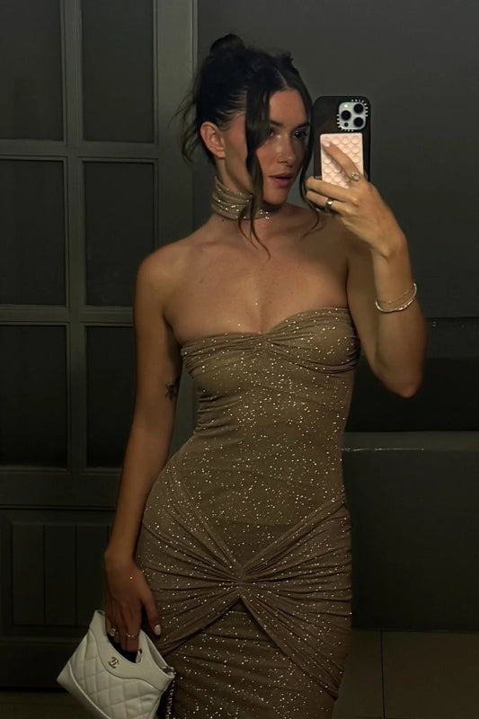 Bling Sheath Strapless Champagne Sequins Long Prom Dress SH8303